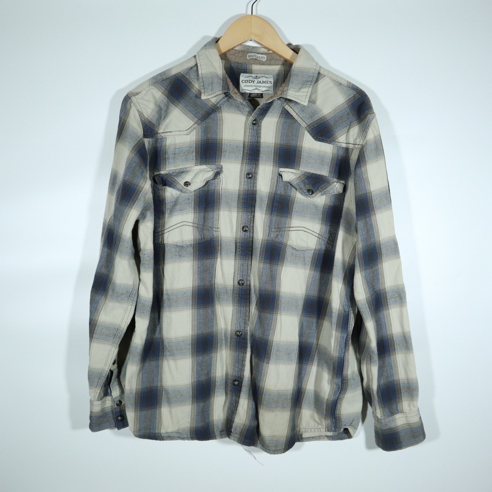 Cody James Western Shirt Mens Medium Plaid Pearl Snap Blue Grey Long Sleeve Fall